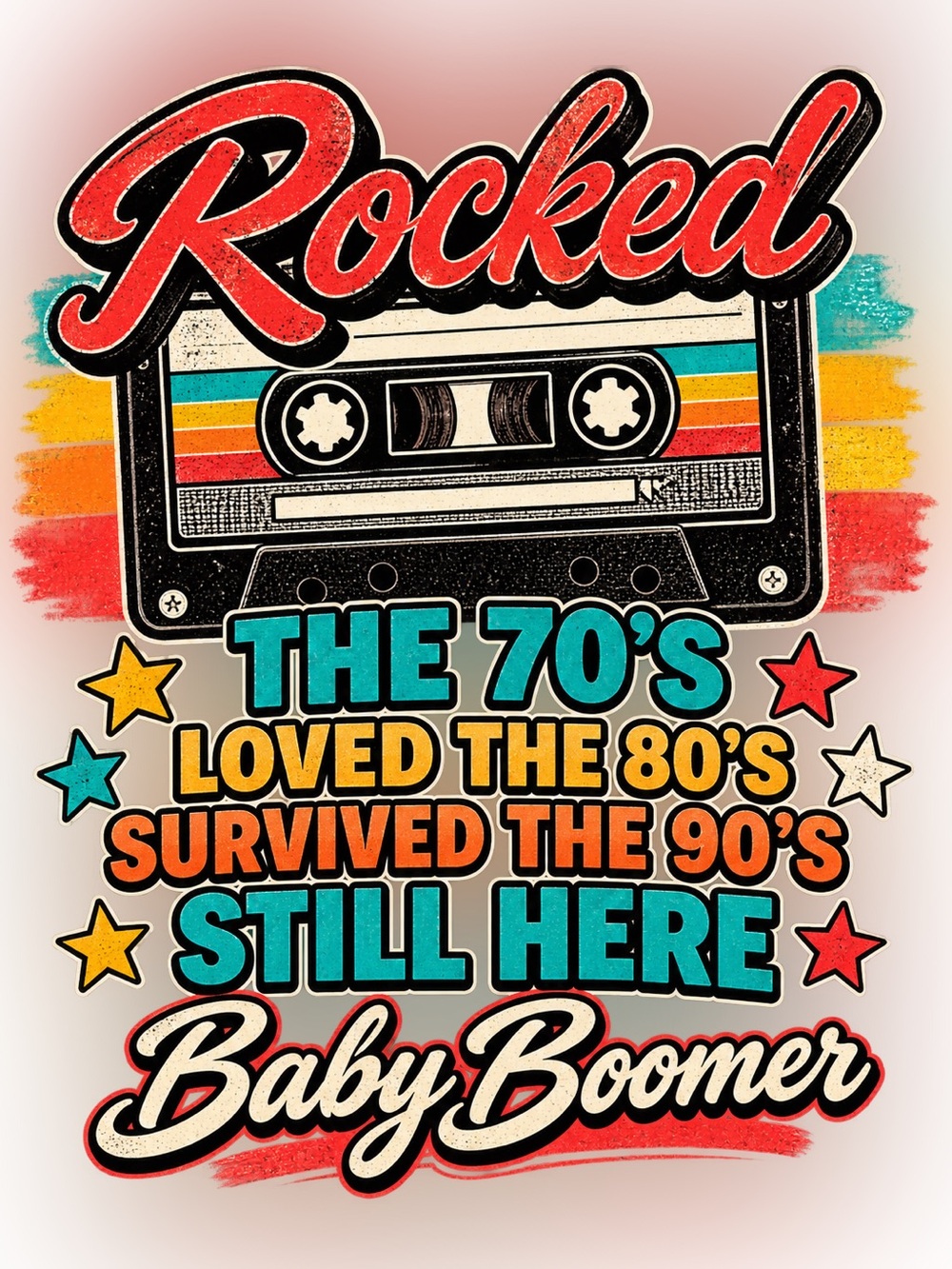 Rocked the 70s Baby Boomer DTF Transfer 8x8 Retro Cassette Shirt Graphic